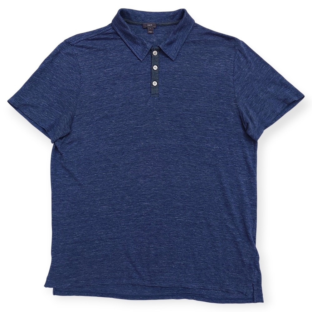 Vince Linen Polo Shirt Mens L (M) Indigo Blue Short Sleeve Summer Preppy Resort